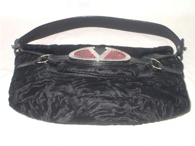 Borsa da sera Valentino Garavani in pelle nera e pelliccia con spilla Swarovski Nero - vista 8