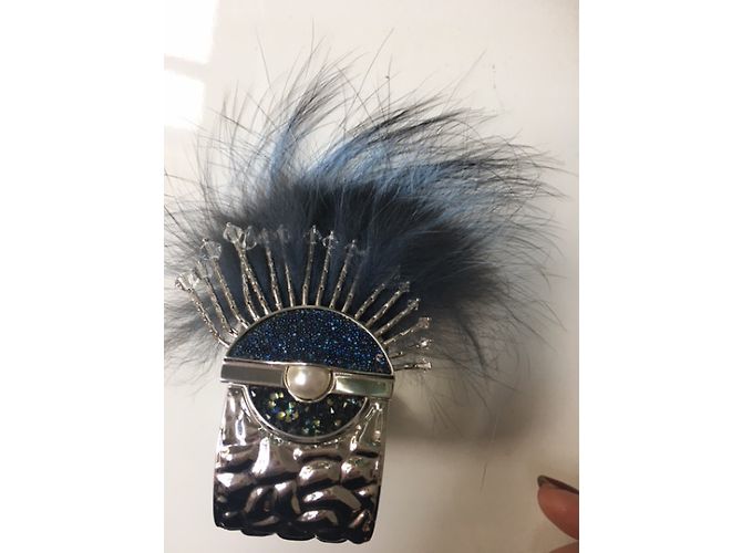 Fendi Silver Bracelet with Blue and Black Fox Fur Silvery - view 12