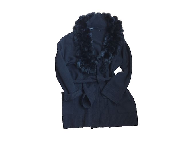 Marina Rinaldi Strickjacke schwarz aus Wolle und Kaschmir mit Fell und Gürtel - Ansicht 2
