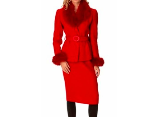 Autre Marque Tailleur jupe Donatella rouge en laine et fourrure de renard - vue 13