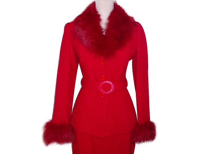 Autre Marque Tailleur jupe Donatella rouge en laine et fourrure de renard - vue 2