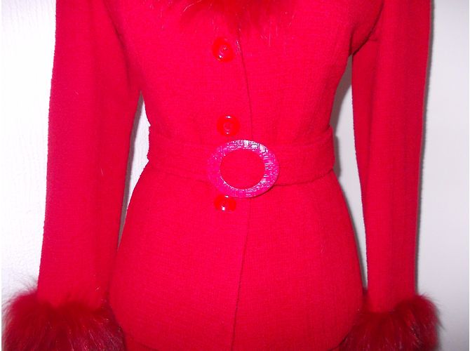 Autre Marque Tailleur jupe Donatella rouge en laine et fourrure de renard - vue 5