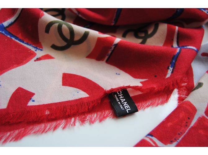 Chanel Kaschmir und Seidenschal Weiß Rot Blau - Ansicht 2