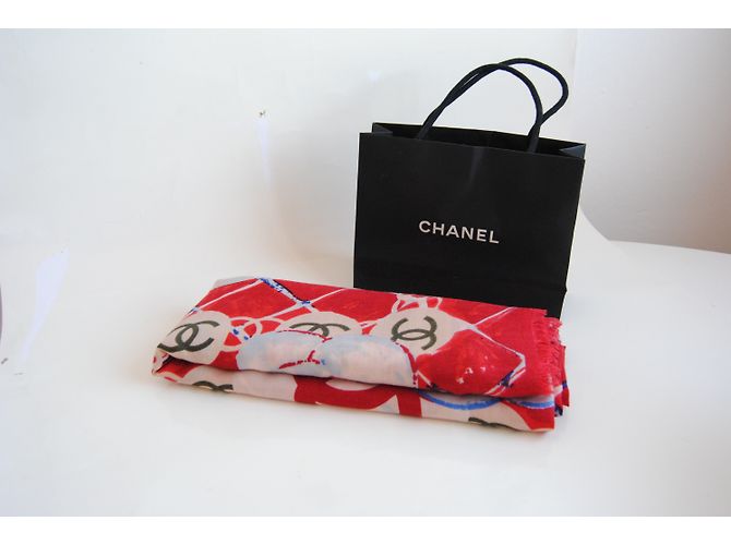 Chanel Kaschmir und Seidenschal Weiß Rot Blau - Ansicht 3