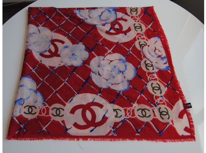 Chanel Kaschmir und Seidenschal Weiß Rot Blau - Ansicht 4
