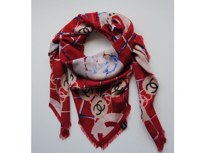 Chanel Kaschmir und Seidenschal Weiß Rot Blau - Ansicht 6