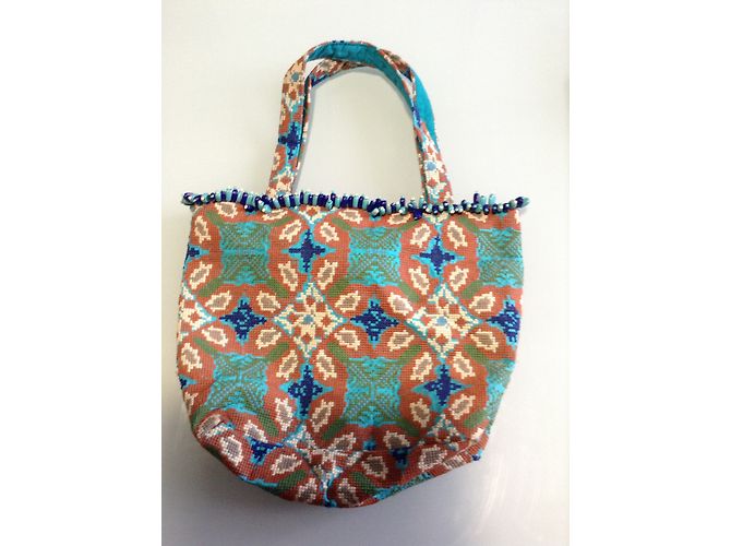 Borsa Antik Batik Blu in Cotone con Perline e Ricami - vista 3
