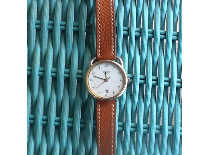 Relógio Hermès Arceau banhado a ouro e aço com pulseira de couro Marrom - vista 3