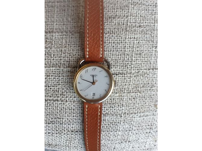 Relógio Hermès Arceau banhado a ouro e aço com pulseira de couro Marrom - vista 7