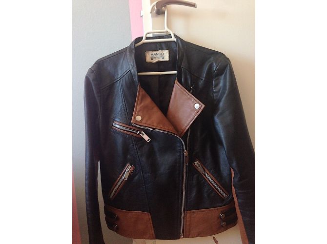 Giacca da moto Mango in pelle nera e marrone Nero - vista 3