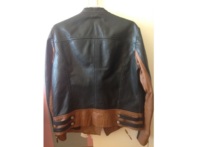 Giacca da moto Mango in pelle nera e marrone Nero - vista 6