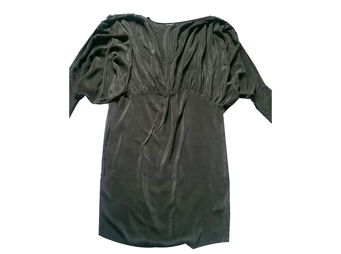No Collection Vestido de crepé de seda verde caqui cuello en V - vista 2