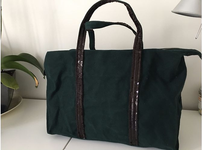 Vanessa Bruno Canvas Tote Bag Grün mit schwarzen Glitzerpartikeln - Ansicht 3