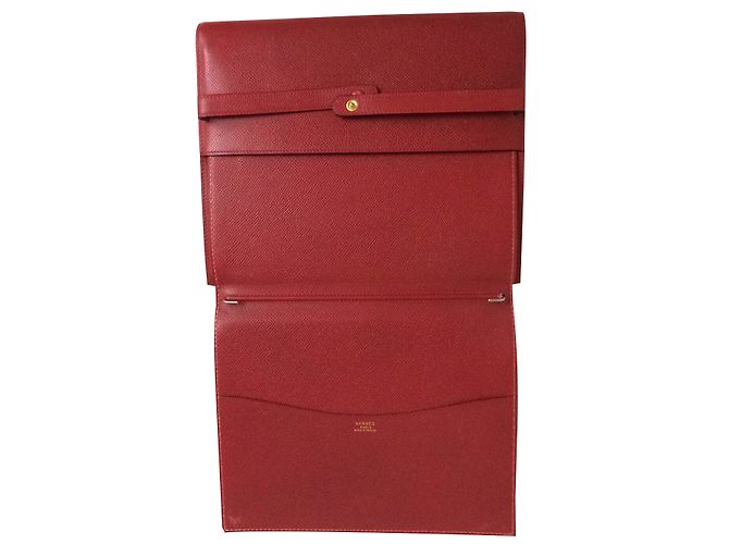 Hermès Pochette envelope 24 cm in courchevel garance leather Red Green - view 2