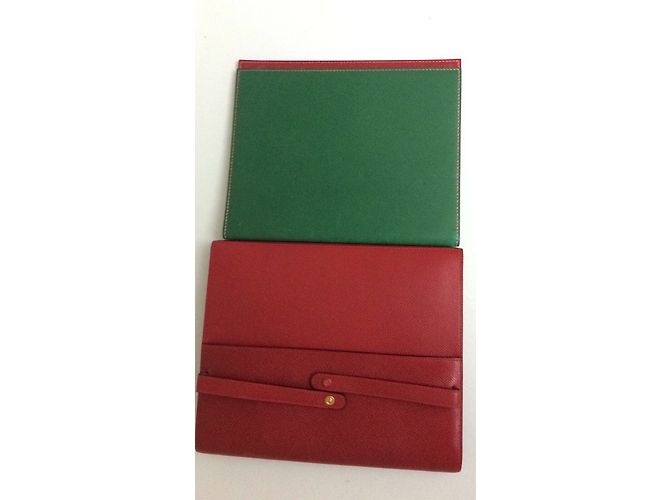Hermès Pochette envelope 24 cm in courchevel garance leather Red Green - view 7