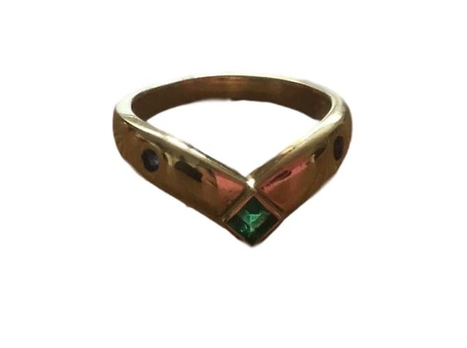 Autre Marque Anello wishbone in oro giallo 18ct con smeraldo e zaffiro Verde - vista 2