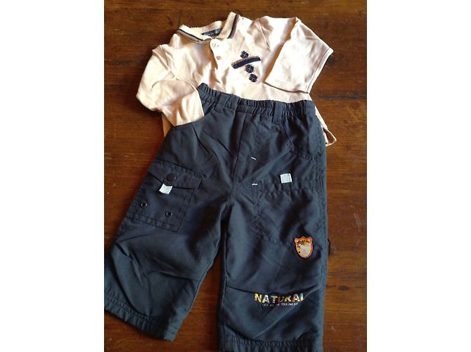 Autre Marque Ensemble T-shirt et Pantalon en Coton Doublé Polaire Bleu et Beige 12 Mois - vue 3