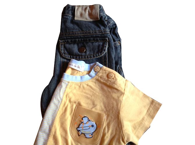 Autre Marque Pantalon en denim Grain de ble Jaune et Bleu Marine 12 mois - vue 2