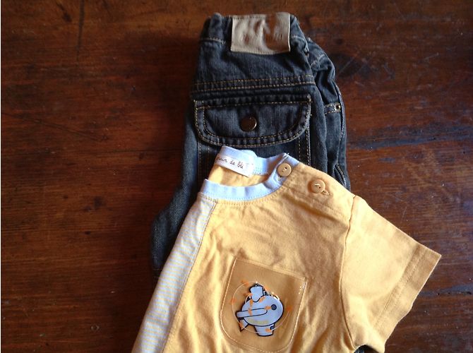 Autre Marque Pantalon en denim Grain de ble Jaune et Bleu Marine 12 mois - vue 4