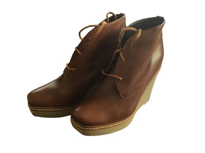 Autre Marque Stivaletti in pelle color cognac con lacci - vista 2
