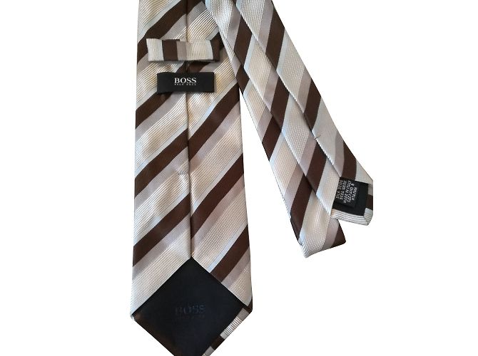 Cravatta Hugo Boss in seta beige marrone e azzurro a righe - vista 2