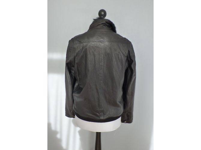 One step Black Lamb Leather Jacket with Rabbit Fur Collar - view 13