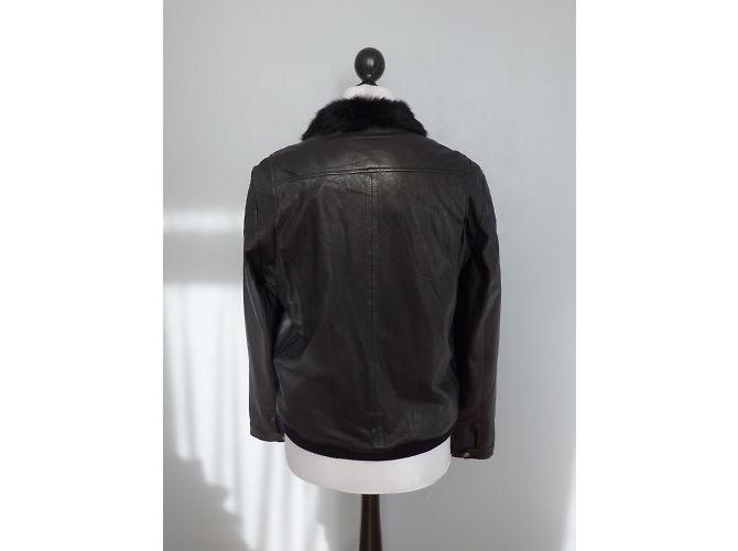 One step Black Lamb Leather Jacket with Rabbit Fur Collar - view 14