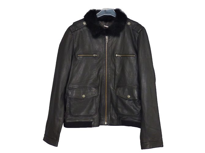 One step Black Lamb Leather Jacket with Rabbit Fur Collar - view 2