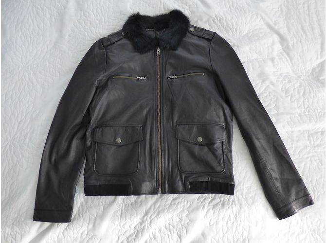 One step Black Lamb Leather Jacket with Rabbit Fur Collar - view 7