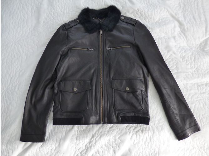 One step Black Lamb Leather Jacket with Rabbit Fur Collar - view 8