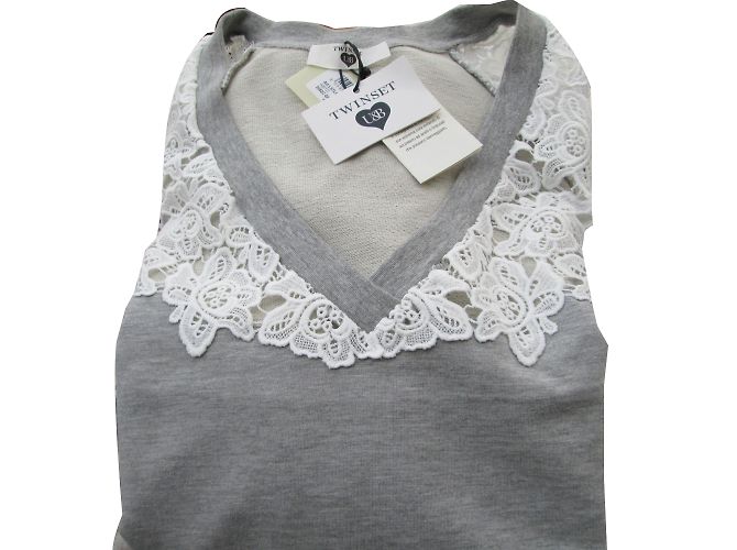 Autre Marque Twin Set Kurzes Kleid aus Baumwollfleece in Grau mit Guipure - Ansicht 2