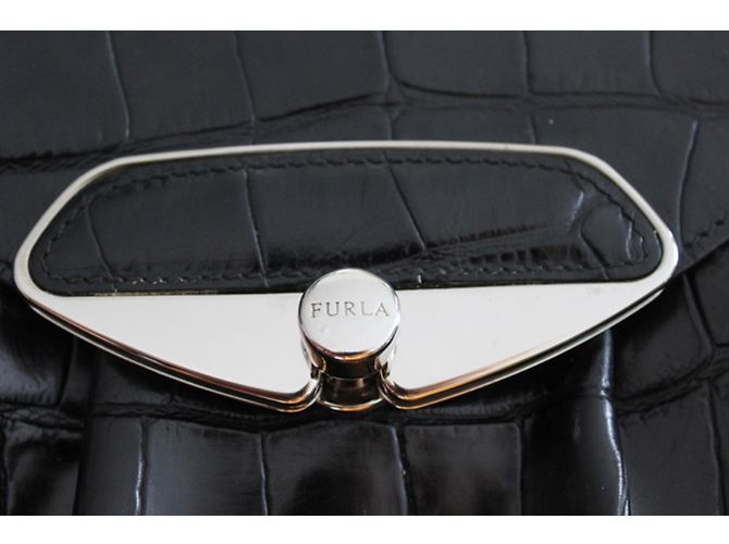 Borsa Furla in pelle nera lucida effetto coccodrillo Nero - vista 7