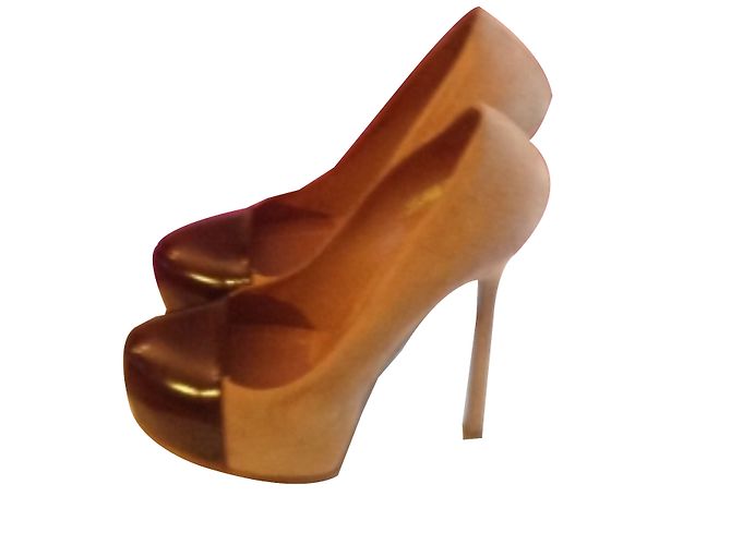 Décolleté Yves Saint Laurent in camoscio marrone e beige - vista 2