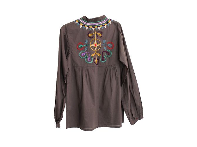 Blusa Smock Antik Batik de Algodón con Escote Bordado Marrón Castaño Multicolor - vista 2