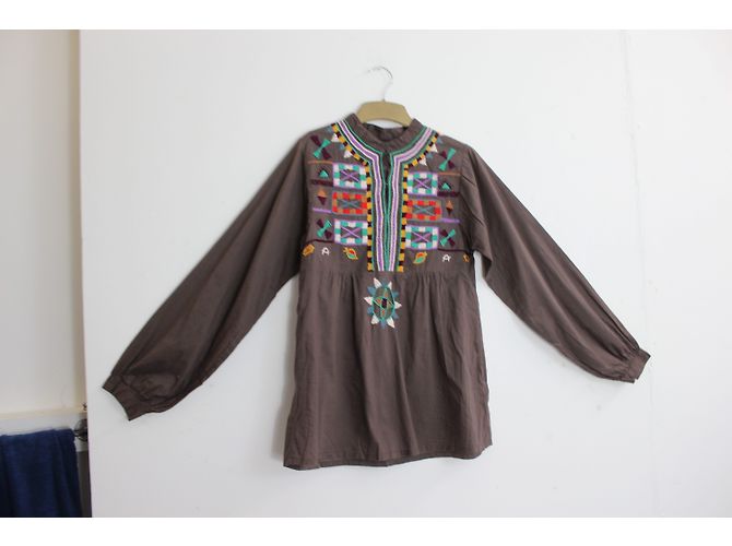 Blusa Smock Antik Batik de Algodón con Escote Bordado Marrón Castaño Multicolor - vista 3