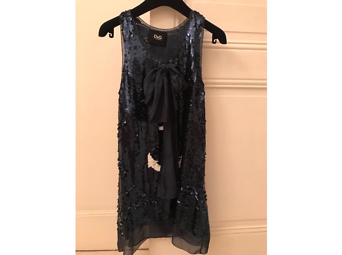 Dolce & Gabbana Tunica in seta blu navy con paillettes e ancora bianca - vista 4