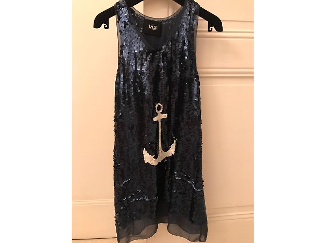 Dolce & Gabbana Tunica in seta blu navy con paillettes e ancora bianca - vista 5
