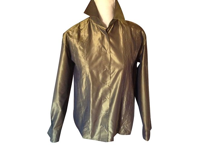 Yves Saint Laurent Camicia in seta con jabot kaki Cachi - vista 2