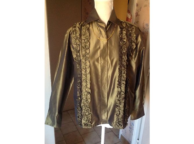 Yves Saint Laurent Camicia in seta con jabot kaki Cachi - vista 3
