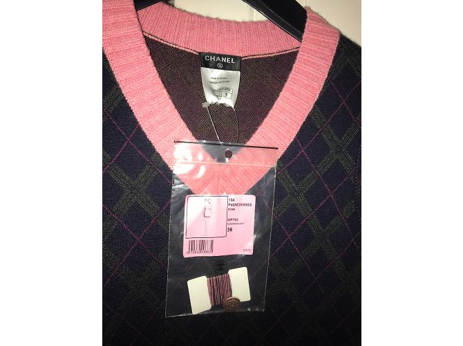 Abito senza maniche Chanel in seta e cashmere Rosa Verde Blu Navy 36FR - vista 5