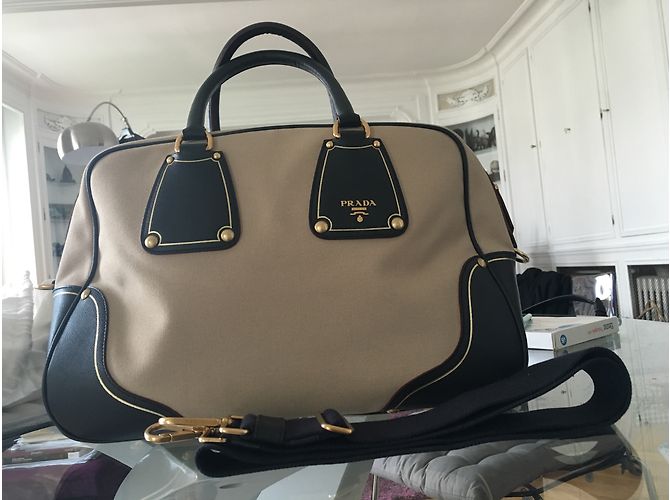 Bolso Prada de piel y tela negro y beige - vista 6