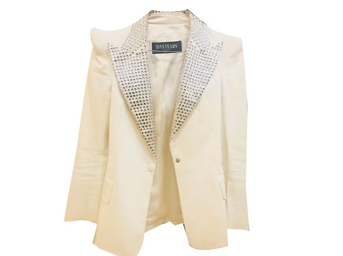 Balmain White Cotton Jacket with Swarovski Collar - view 2