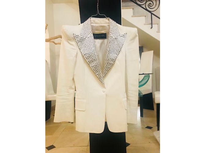 Balmain White Cotton Jacket with Swarovski Collar - view 3