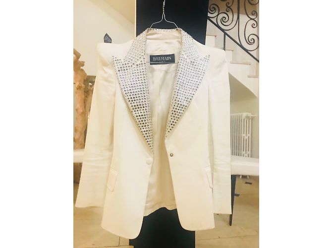 Balmain White Cotton Jacket with Swarovski Collar - view 4