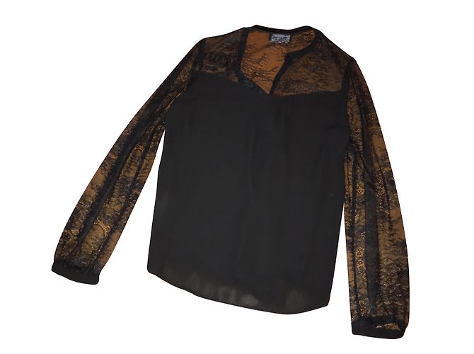 The Kooples Camicia in Crepe e Pizzo Nera con Dettagli in Pelle - vista 2