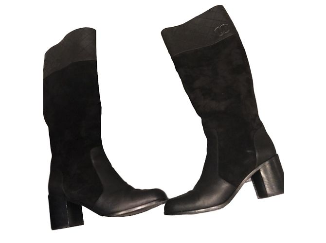Botas Chanel de couro e pele de cervo pretas Preto - vista 2