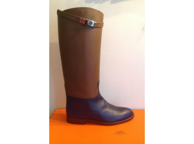 Hermès Saltando stivali bicolore Blu Caramello - vista 4