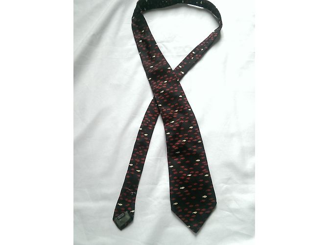 Sonia Rykiel Silk Fish Pattern Wide Tie Black Red - view 3