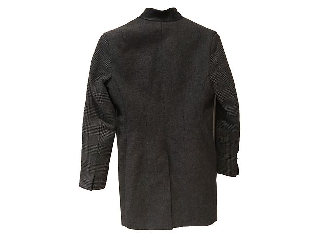 All Saints Grey Gingham Wool Coat with Leather Details - view 2