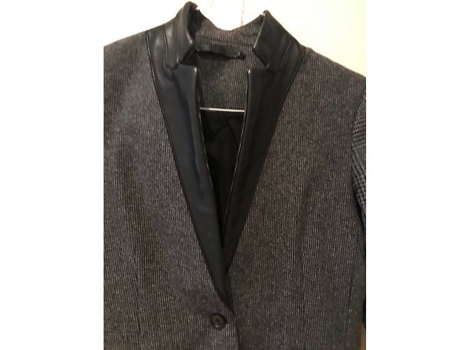 All Saints Grey Gingham Wool Coat with Leather Details - view 3